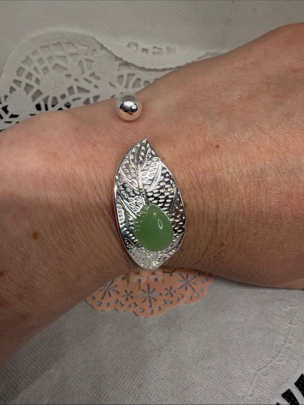 925 Sterling Silver Leaf Cuff Bracelet with Genuine Aventurine Water Drop